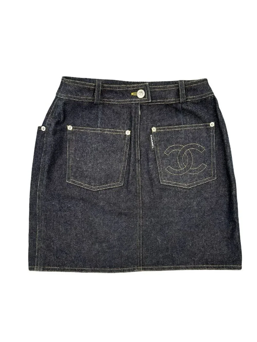 Chanel Vintage CC Logo Cotton Denim Skirt 38 Blue